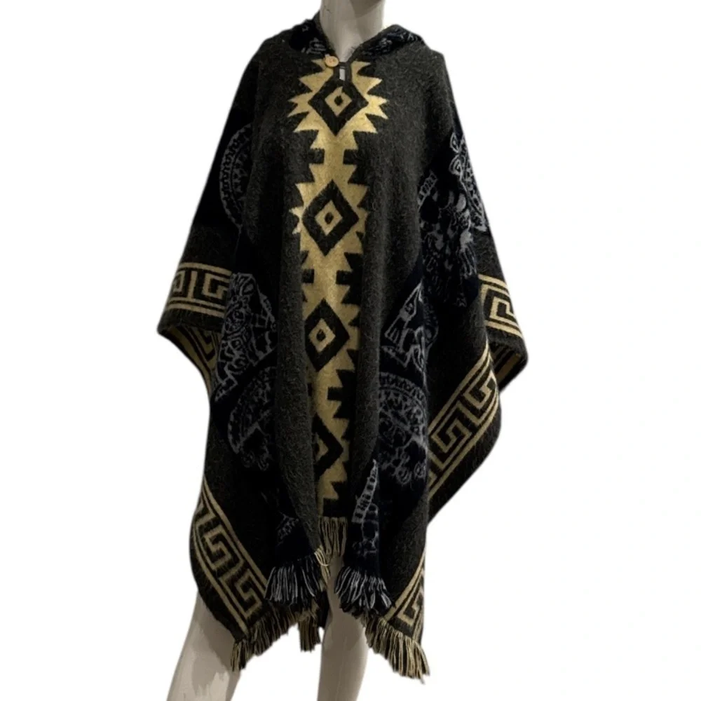 Unisex Andean Aztec Alpaca Blend Hooded Charcoal Multi Fringed Poncho Size OS